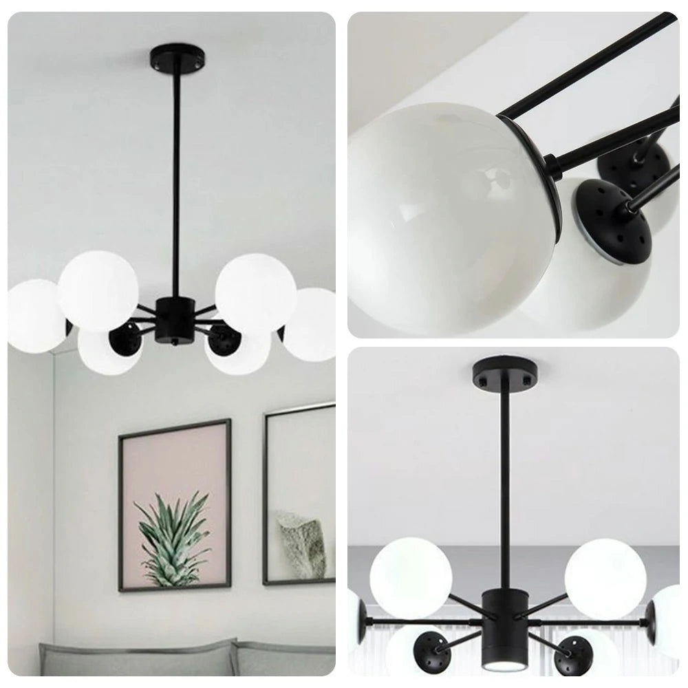 LIVARA 6-Head Black Opal Glass Pendant Light with 5W Tri-Color LED Bulbs Modern Iron & Glass Chandelier Adjustable Rod Design - Elegant Ceiling Lamp