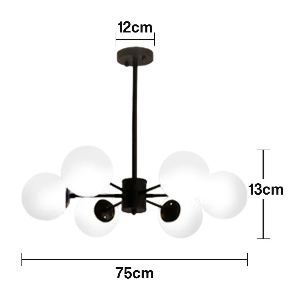 LIVARA 6-Head Black Opal Glass Pendant Light with 5W Tri-Color LED Bulbs Modern Iron & Glass Chandelier Adjustable Rod Design - Elegant Ceiling Lamp