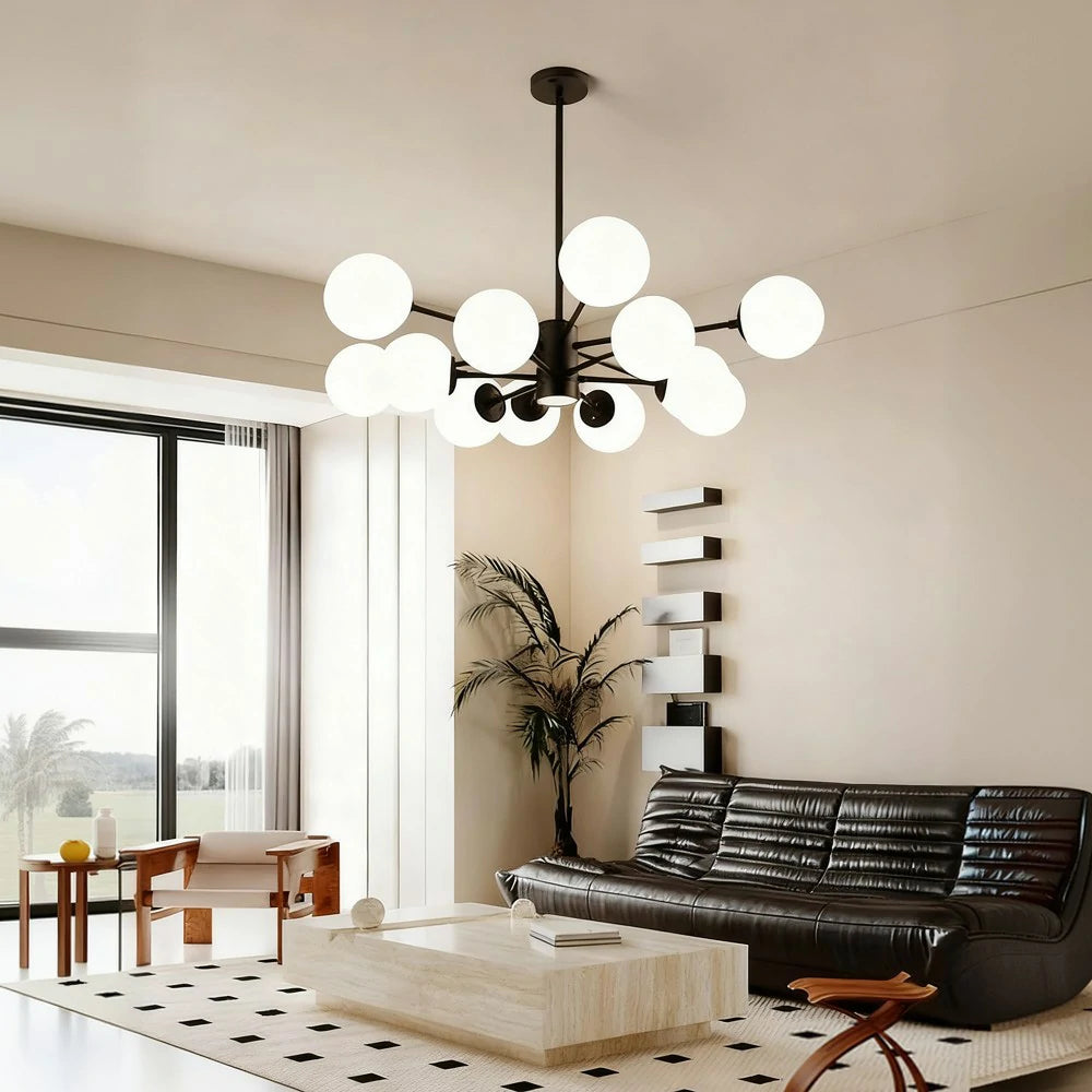 LIVARA 12-Head Black Opal Glass Pendant Light with 5W Tri-Color LED Bulbs Modern Iron & Glass Chandelier Adjustable Rod Design for Living & Dining Room