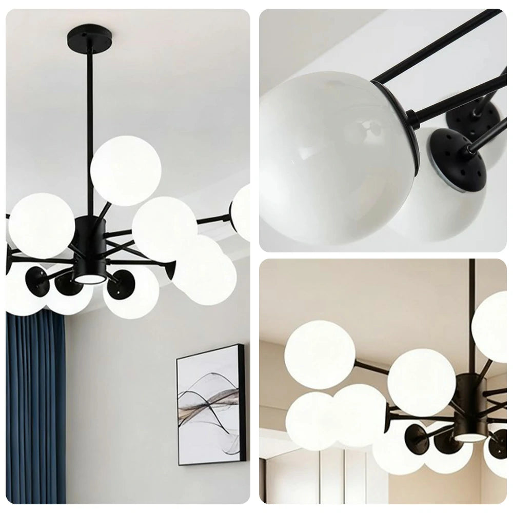 LIVARA 12-Head Black Opal Glass Pendant Light with 5W Tri-Color LED Bulbs Modern Iron & Glass Chandelier Adjustable Rod Design for Living & Dining Room