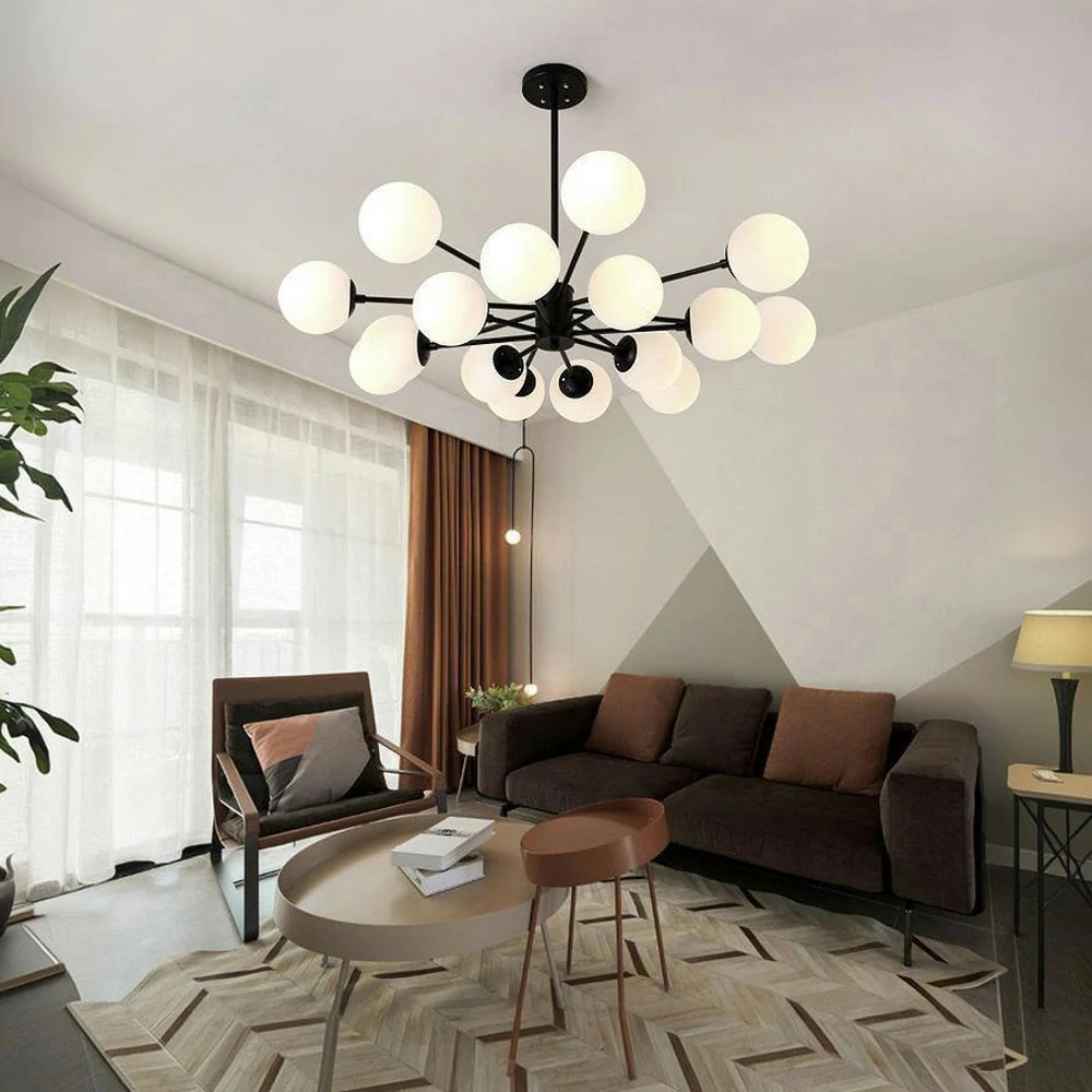 LIVARA 16-Head Black Opal Glass Pendant Light with 5W Tri-Color LED Bulbs Modern Iron & Glass Chandelier Adjustable Rod Design for Living & Dining Room