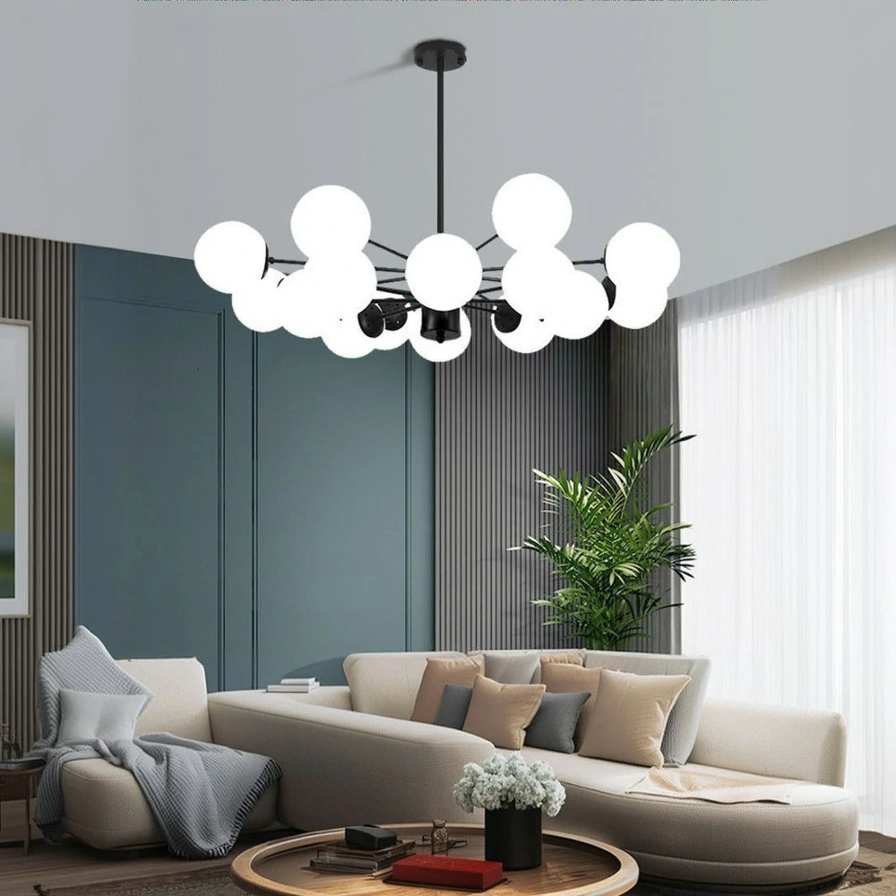 LIVARA 16-Head Black Opal Glass Pendant Light with 5W Tri-Color LED Bulbs Modern Iron & Glass Chandelier Adjustable Rod Design for Living & Dining Room