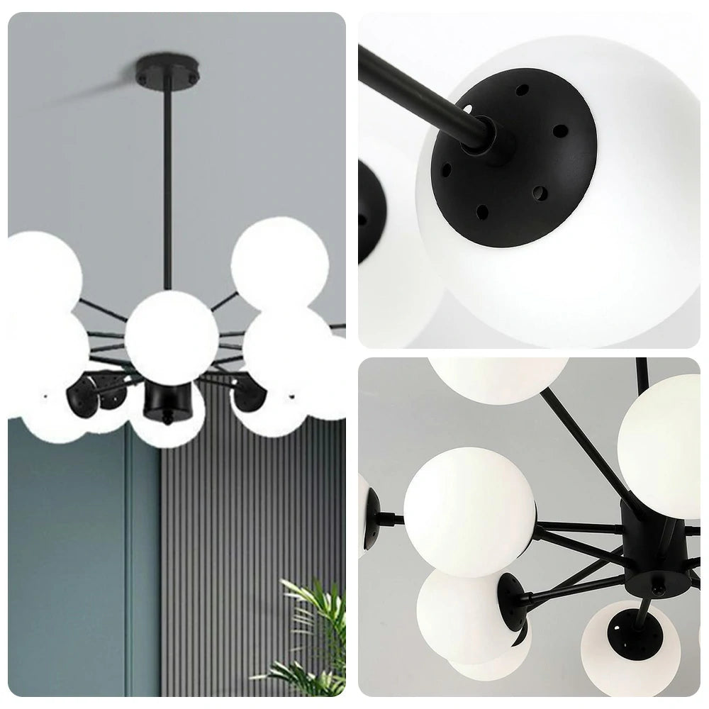 LIVARA 16-Head Black Opal Glass Pendant Light with 5W Tri-Color LED Bulbs Modern Iron & Glass Chandelier Adjustable Rod Design for Living & Dining Room