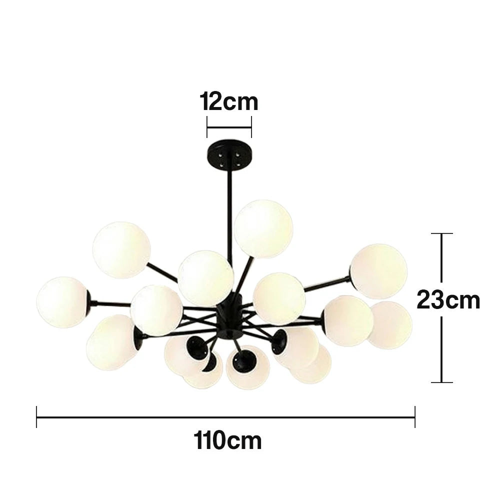 LIVARA 16-Head Black Opal Glass Pendant Light with 5W Tri-Color LED Bulbs Modern Iron & Glass Chandelier Adjustable Rod Design for Living & Dining Room