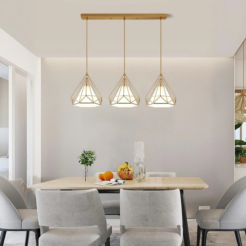 LIVARA 3-Head Linear Pendant Light Single White LED Light Iron + Fabric Design Modern Hanging Ceiling Lamp - Gold & White