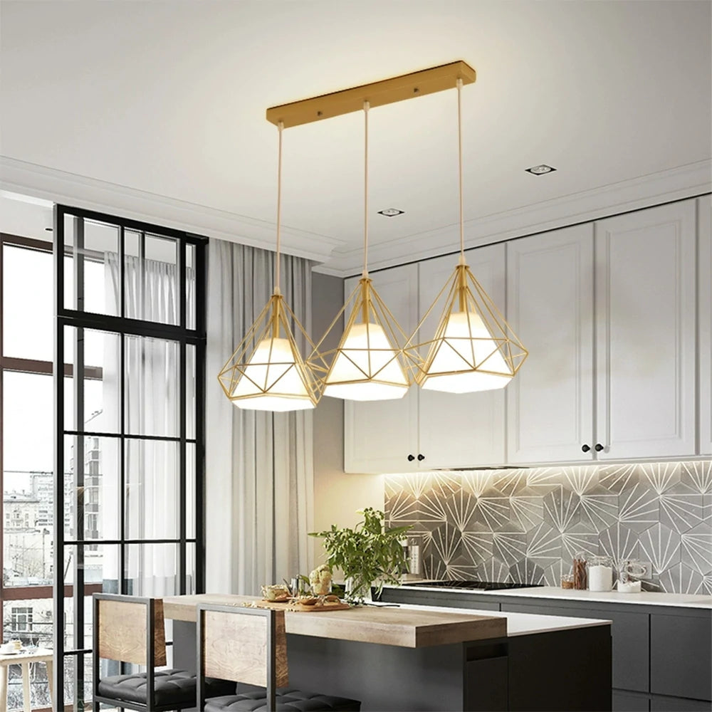 LIVARA 3-Head Linear Pendant Light Single White LED Light Iron + Fabric Design Modern Hanging Ceiling Lamp - Gold & White