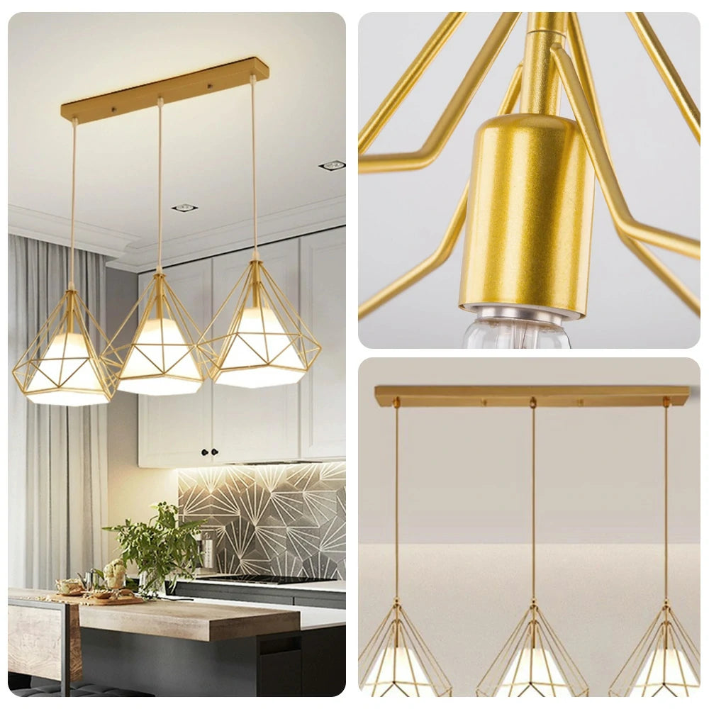 LIVARA 3-Head Linear Pendant Light Single White LED Light Iron + Fabric Design Modern Hanging Ceiling Lamp - Gold & White