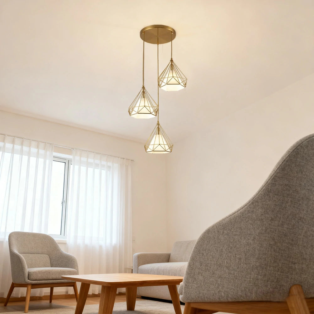 LIVARA 3-Head Round Base Pendant Light Three-Color Dimmable LED Hanging Lamp Modern Iron + Fabric Design for Living & Dining Room - Gold & White