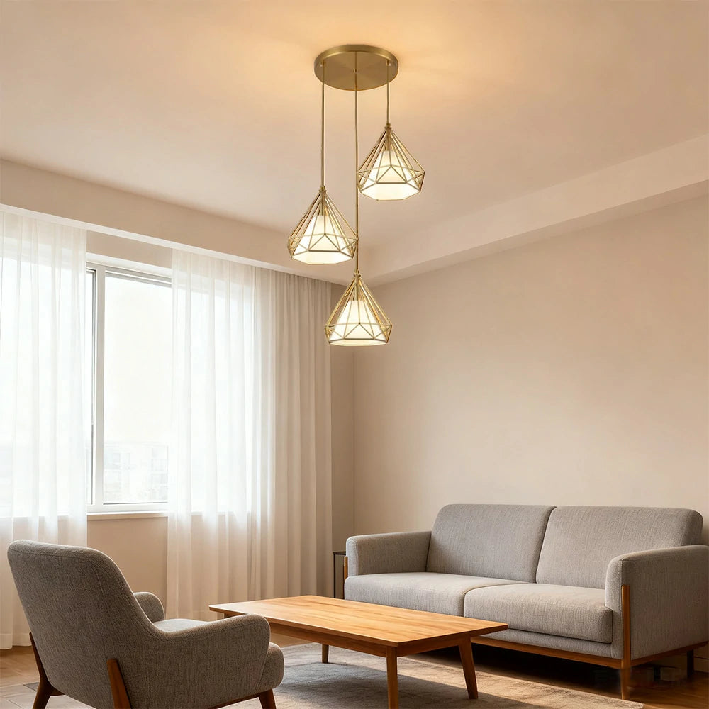 LIVARA 3-Head Round Base Pendant Light Three-Color Dimmable LED Hanging Lamp Modern Iron + Fabric Design for Living & Dining Room - Gold & White