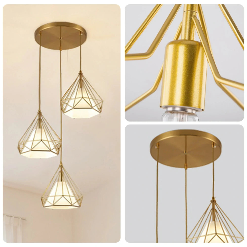 LIVARA 3-Head Round Base Pendant Light Three-Color Dimmable LED Hanging Lamp Modern Iron + Fabric Design for Living & Dining Room - Gold & White