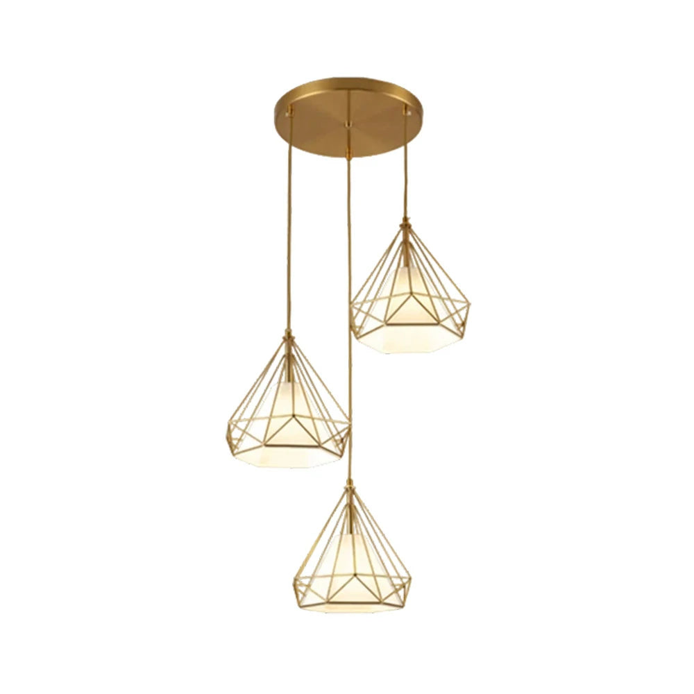 LIVARA 3-Head Round Base Pendant Light Three-Color Dimmable LED Hanging Lamp Modern Iron + Fabric Design for Living & Dining Room - Gold & White