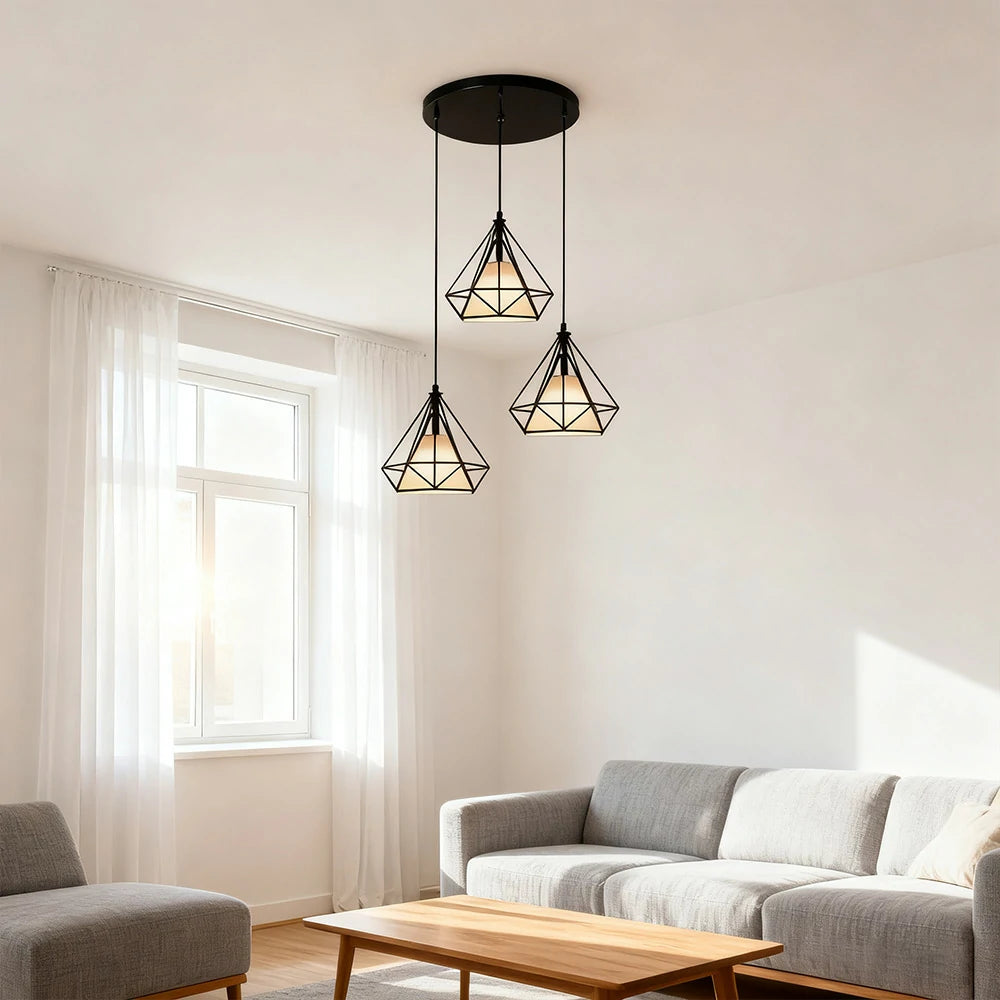 LIVARA 3-Head Round Base Pendant Light Three-Color Dimmable LED Hanging Lamp Modern Iron + Fabric Design for Living & Dining Room - Black