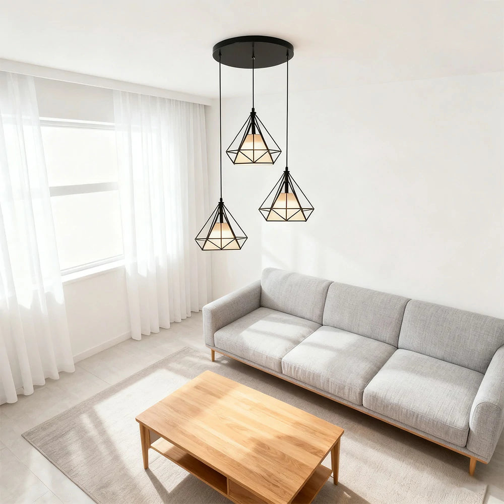 LIVARA 3-Head Round Base Pendant Light Three-Color Dimmable LED Hanging Lamp Modern Iron + Fabric Design for Living & Dining Room - Black