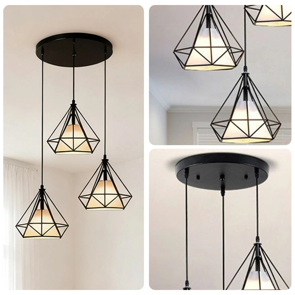 LIVARA 3-Head Round Base Pendant Light Three-Color Dimmable LED Hanging Lamp Modern Iron + Fabric Design for Living & Dining Room - Black
