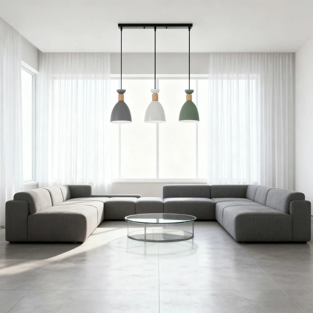 LIVARA 3-Head Linear Pendant Light Three-Color Dimmable LED Hanging Lamp Modern Iron & Wood Design for Dining Room and Kitchen Island - Grey & Green