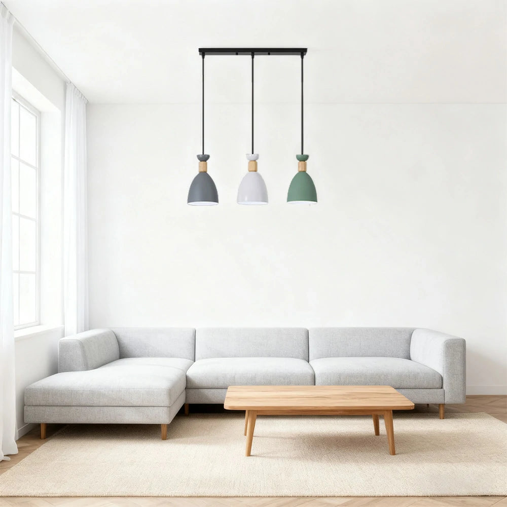 LIVARA 3-Head Linear Pendant Light Three-Color Dimmable LED Hanging Lamp Modern Iron & Wood Design for Dining Room and Kitchen Island - Grey & Green