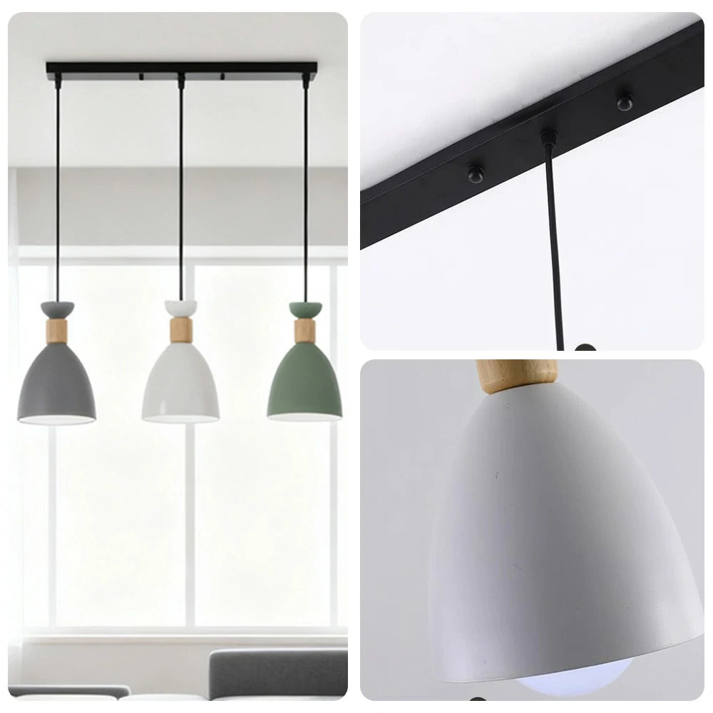 LIVARA 3-Head Linear Pendant Light Three-Color Dimmable LED Hanging Lamp Modern Iron & Wood Design for Dining Room and Kitchen Island - Grey & Green
