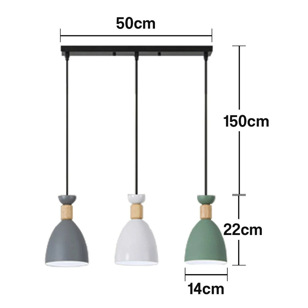 LIVARA 3-Head Linear Pendant Light Three-Color Dimmable LED Hanging Lamp Modern Iron & Wood Design for Dining Room and Kitchen Island - Grey & Green