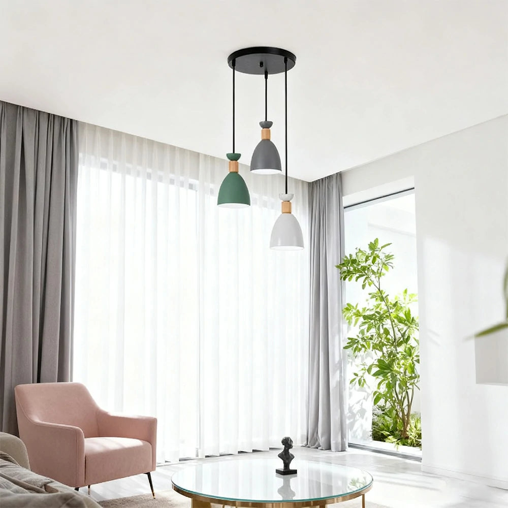LIVARA 3-Head Round Base Pendant Light Three-Color Dimmable LED Hanging Lamp Modern Iron & Wood Design for Dining Room and Kitchen Island - Grey & Green