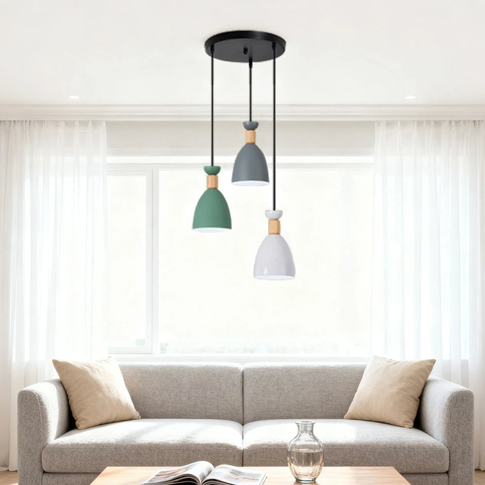 LIVARA 3-Head Round Base Pendant Light Three-Color Dimmable LED Hanging Lamp Modern Iron & Wood Design for Dining Room and Kitchen Island - Grey & Green