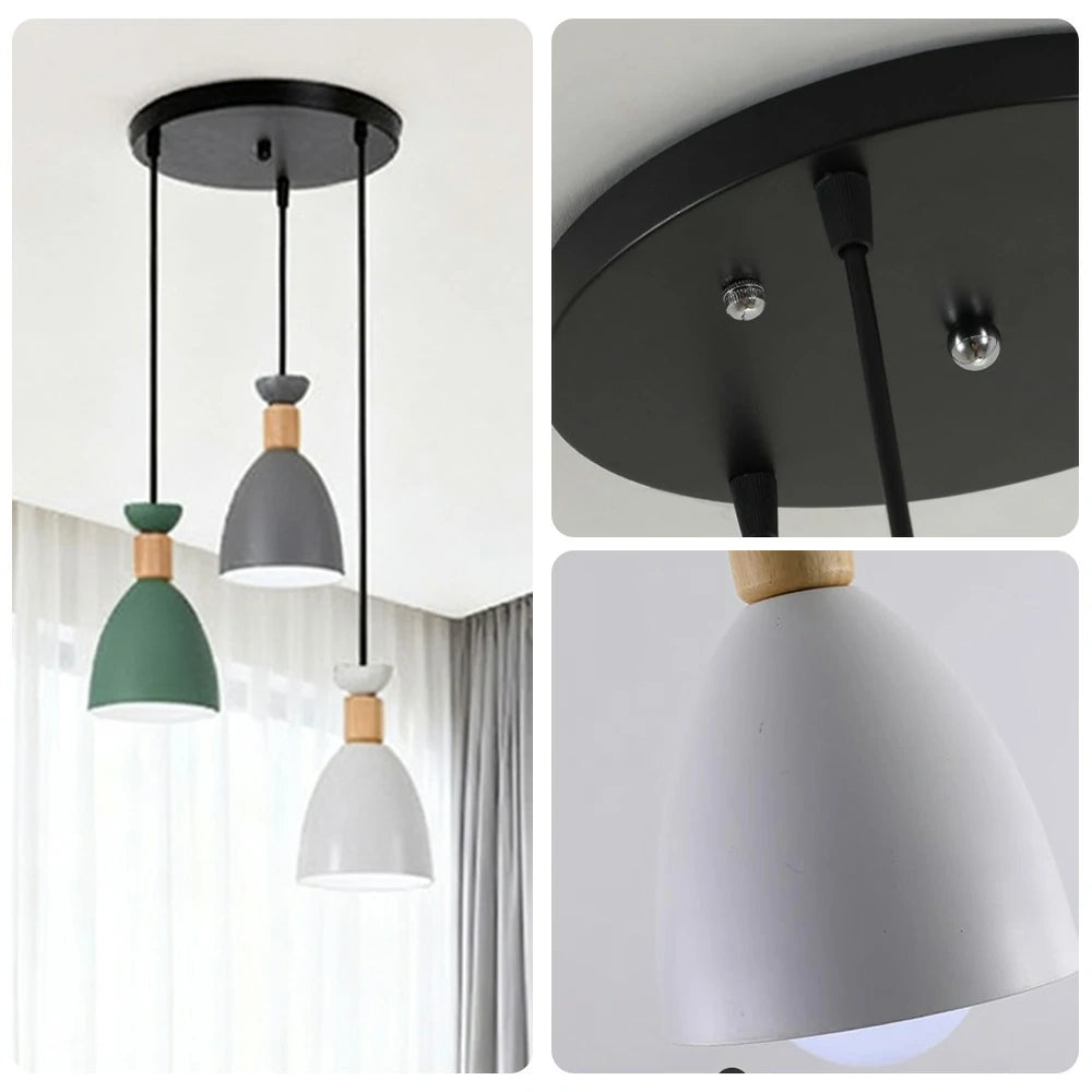 LIVARA 3-Head Round Base Pendant Light Three-Color Dimmable LED Hanging Lamp Modern Iron & Wood Design for Dining Room and Kitchen Island - Grey & Green