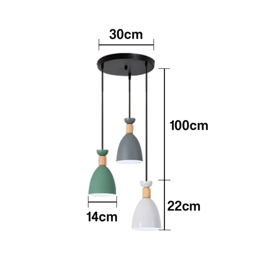LIVARA 3-Head Round Base Pendant Light Three-Color Dimmable LED Hanging Lamp Modern Iron & Wood Design for Dining Room and Kitchen Island - Grey & Green