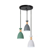 LIVARA 3-Head Round Base Pendant Light Three-Color Dimmable LED Hanging Lamp Modern Iron & Wood Design for Dining Room and Kitchen Island - Grey & Green