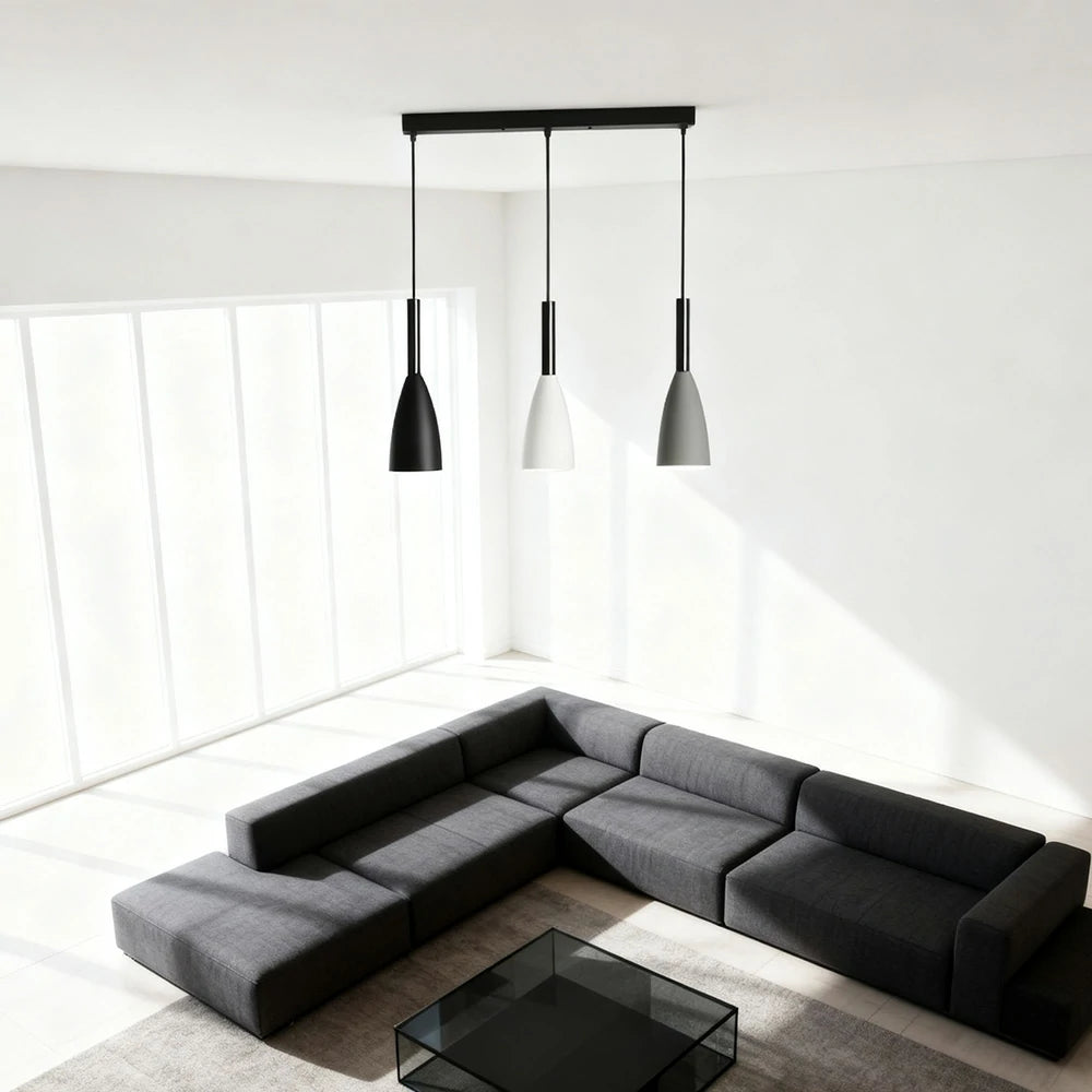 LIVARA 3-Head Linear Pendant Light Three-Color Dimmable LED Hanging Lamp Modern Iron & Wood Design for Dining Room and Kitchen Island - Black & Grey
