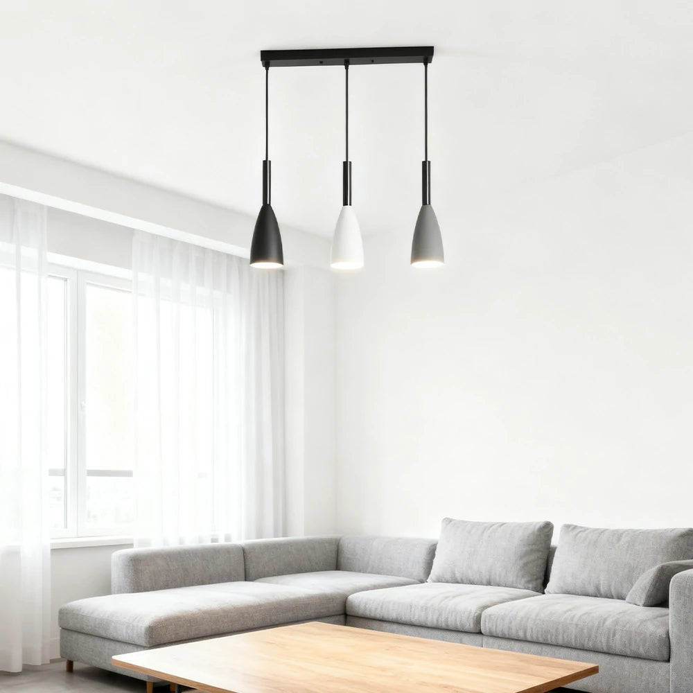 LIVARA 3-Head Linear Pendant Light Three-Color Dimmable LED Hanging Lamp Modern Iron & Wood Design for Dining Room and Kitchen Island - Black & Grey
