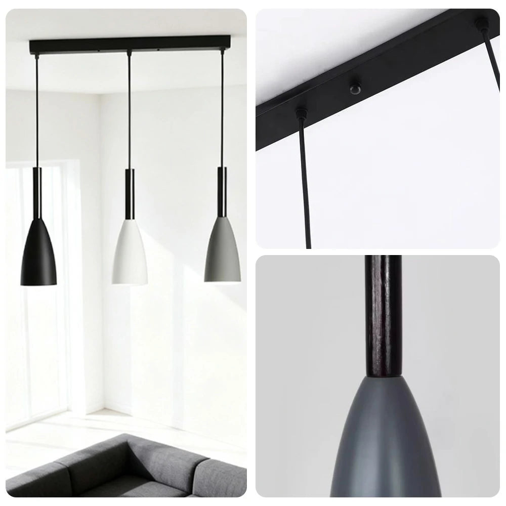LIVARA 3-Head Linear Pendant Light Three-Color Dimmable LED Hanging Lamp Modern Iron & Wood Design for Dining Room and Kitchen Island - Black & Grey