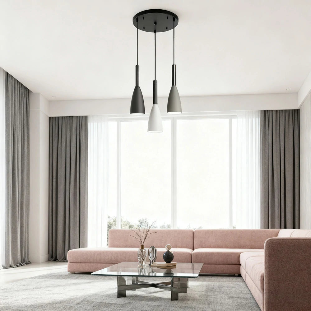 LIVARA 3-Head Round Base Pendant Light Three-Color Dimmable LED Hanging Lamp Modern Iron & Wood Design for Dining Room and Kitchen Island - Black & Grey