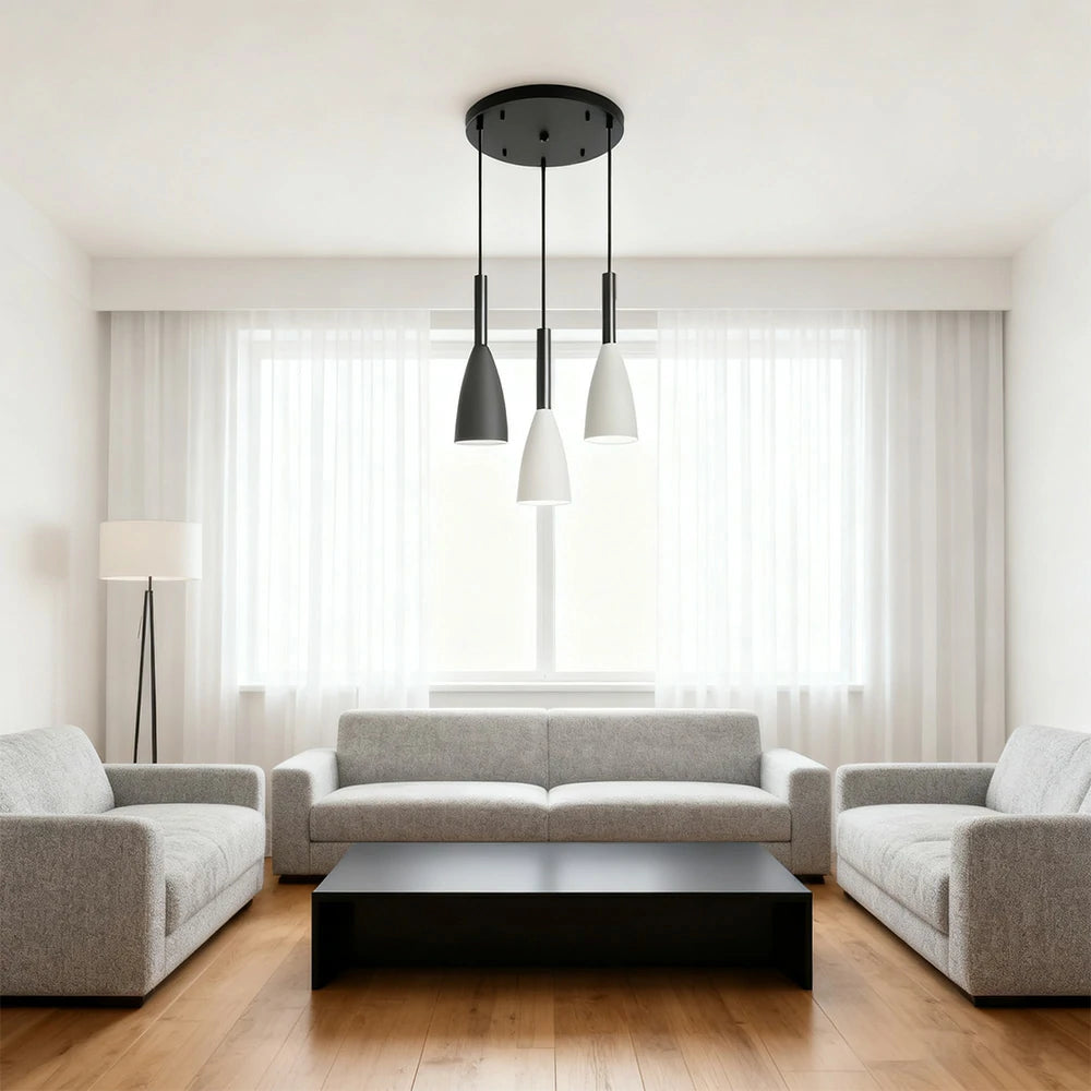 LIVARA 3-Head Round Base Pendant Light Three-Color Dimmable LED Hanging Lamp Modern Iron & Wood Design for Dining Room and Kitchen Island - Black & Grey