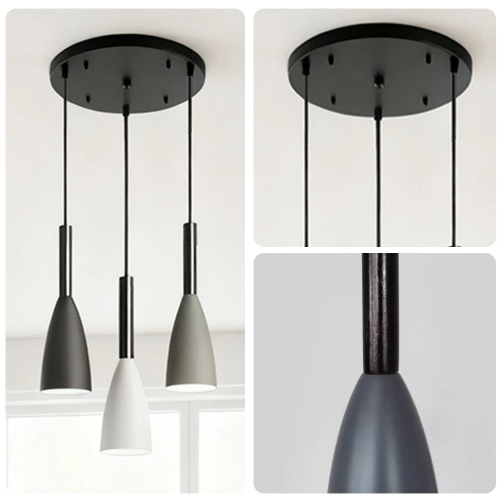 LIVARA 3-Head Round Base Pendant Light Three-Color Dimmable LED Hanging Lamp Modern Iron & Wood Design for Dining Room and Kitchen Island - Black & Grey