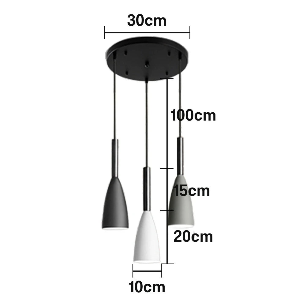 LIVARA 3-Head Round Base Pendant Light Three-Color Dimmable LED Hanging Lamp Modern Iron & Wood Design for Dining Room and Kitchen Island - Black & Grey