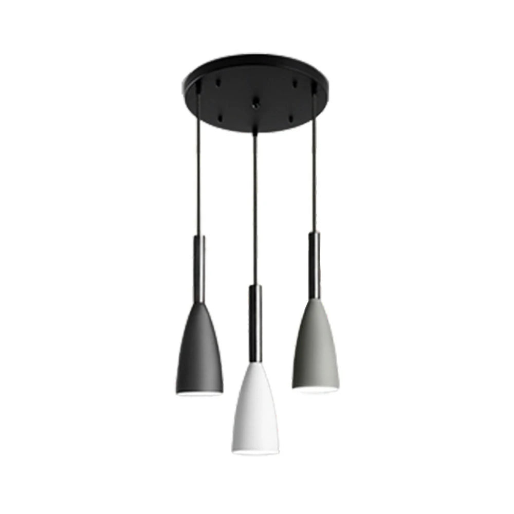 LIVARA 3-Head Round Base Pendant Light Three-Color Dimmable LED Hanging Lamp Modern Iron & Wood Design for Dining Room and Kitchen Island - Black & Grey