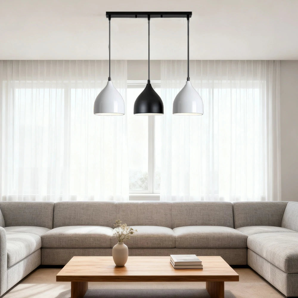 LIVARA 3-Head Round Base Pendant Light Three-Color Dimmable LED Hanging Lamp Modern Iron & Wood Design for Dining Room and Kitchen Island - Black & Grey