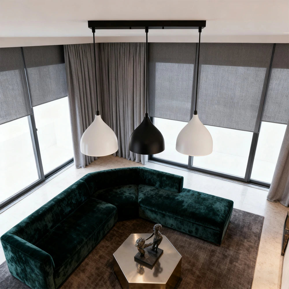 LIVARA 3-Head Round Base Pendant Light Three-Color Dimmable LED Hanging Lamp Modern Iron & Wood Design for Dining Room and Kitchen Island - Black & Grey