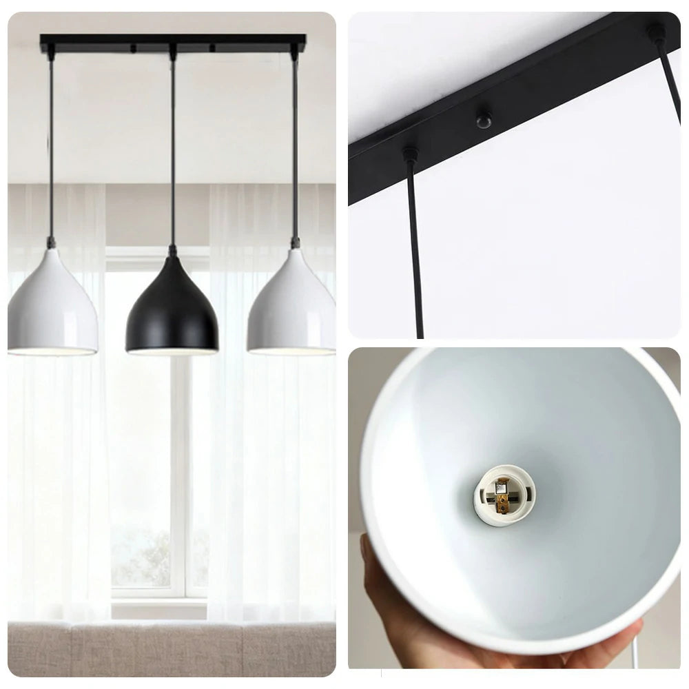 LIVARA 3-Head Round Base Pendant Light Three-Color Dimmable LED Hanging Lamp Modern Iron & Wood Design for Dining Room and Kitchen Island - Black & Grey