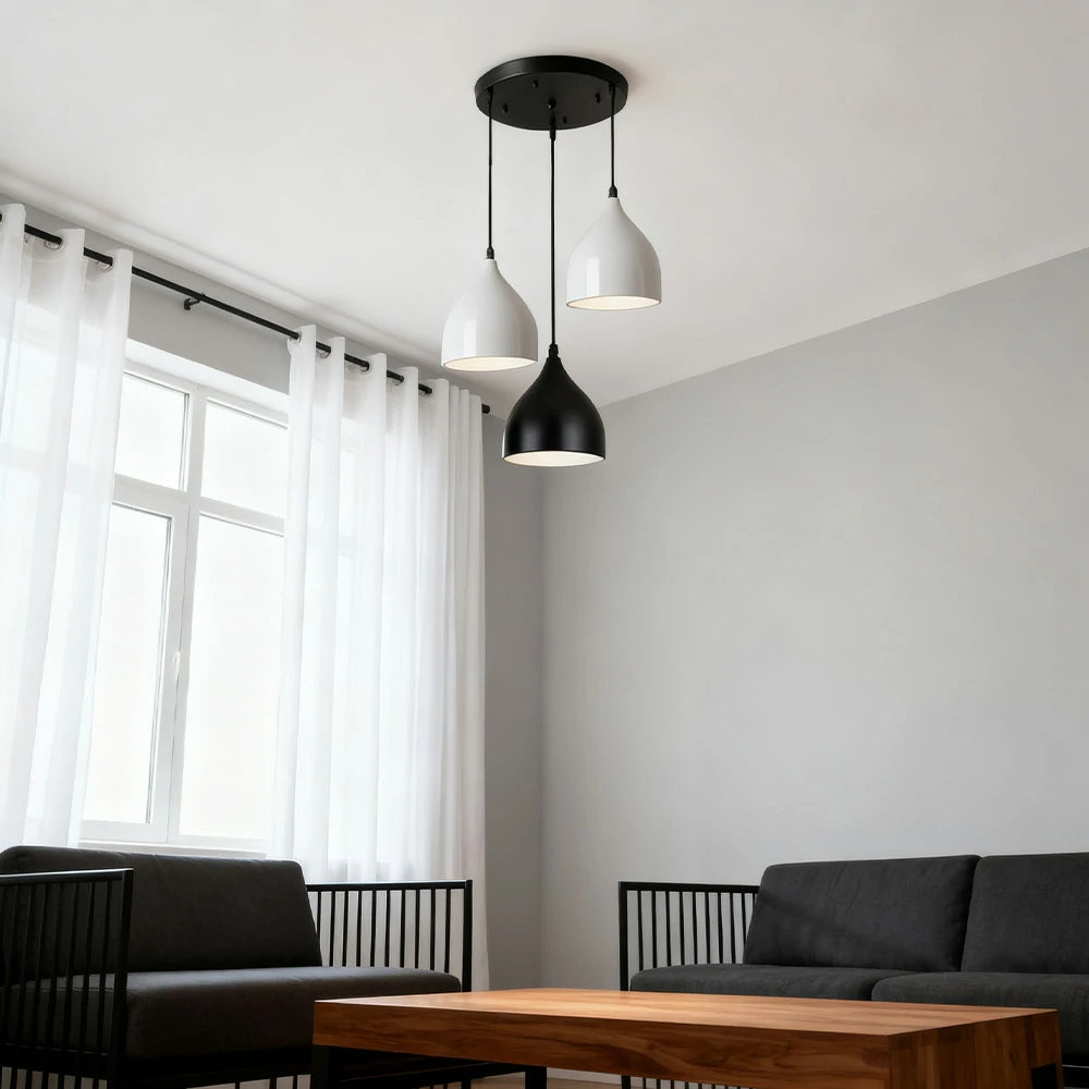 LIVARA 3-Head Round Base Pendant Light Three-Color Dimmable LED Hanging Lamp Modern Iron & Wood Design for Dining Room and Kitchen Island - White & Black