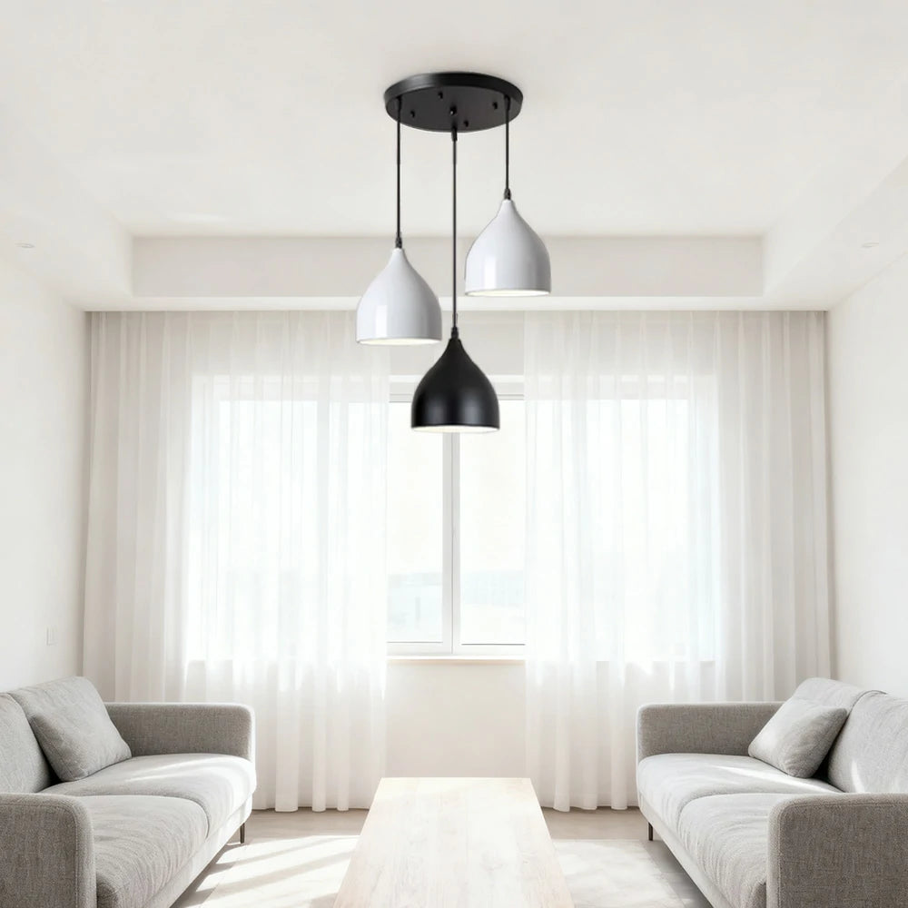 LIVARA 3-Head Round Base Pendant Light Three-Color Dimmable LED Hanging Lamp Modern Iron & Wood Design for Dining Room and Kitchen Island - White & Black