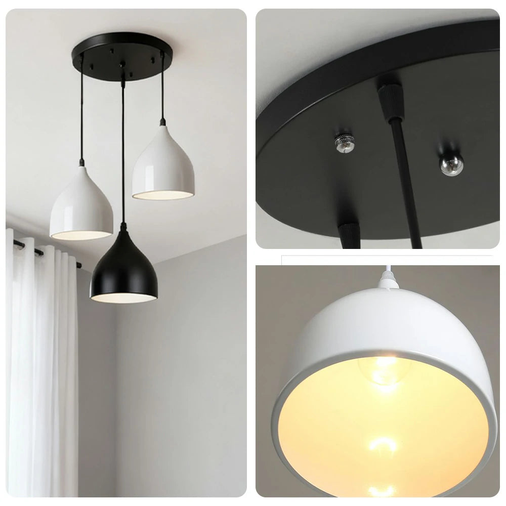 LIVARA 3-Head Round Base Pendant Light Three-Color Dimmable LED Hanging Lamp Modern Iron & Wood Design for Dining Room and Kitchen Island - White & Black
