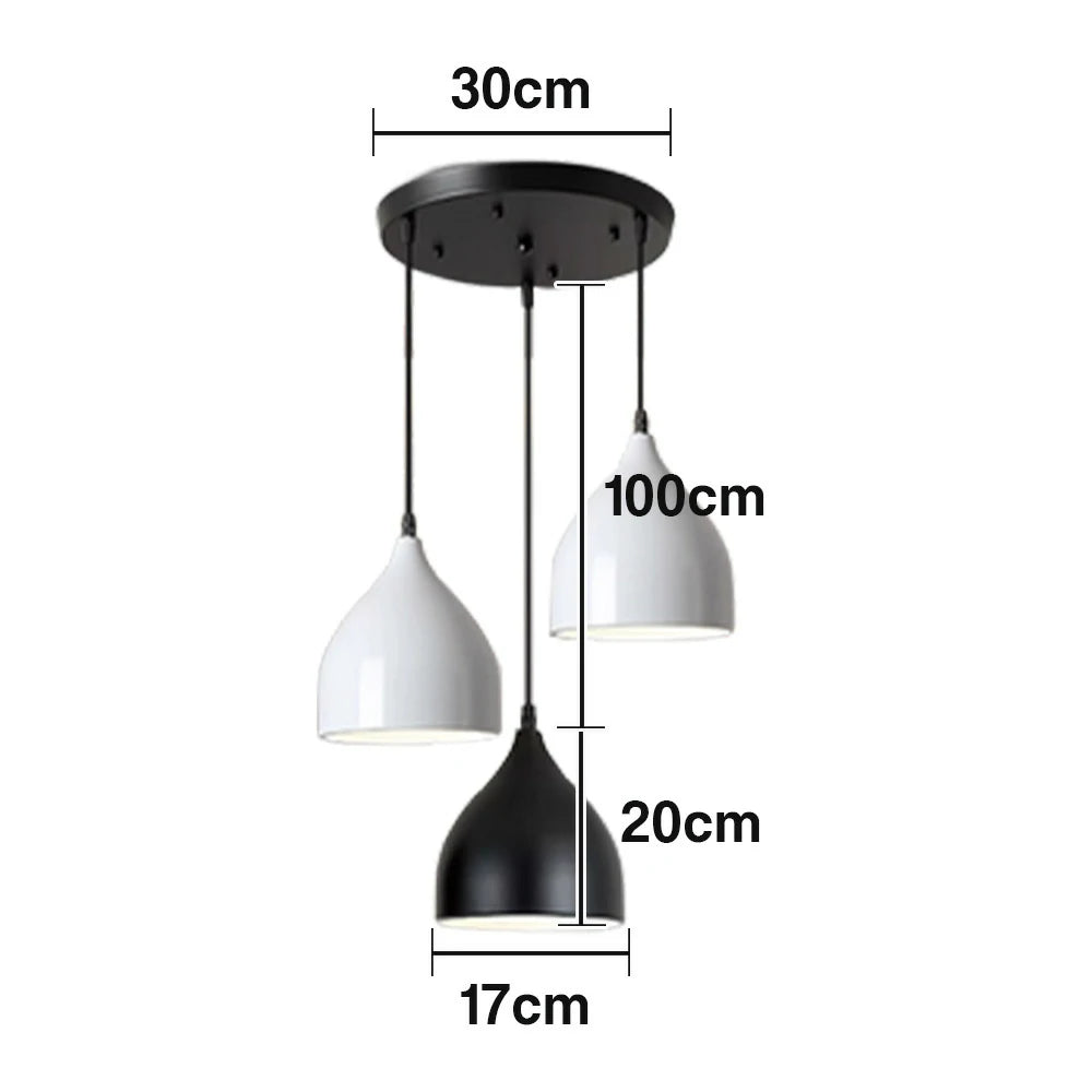 LIVARA 3-Head Round Base Pendant Light Three-Color Dimmable LED Hanging Lamp Modern Iron & Wood Design for Dining Room and Kitchen Island - White & Black