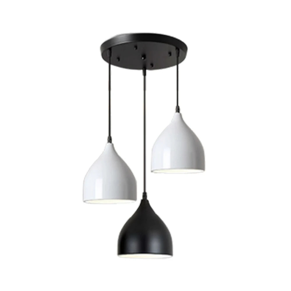 LIVARA 3-Head Round Base Pendant Light Three-Color Dimmable LED Hanging Lamp Modern Iron & Wood Design for Dining Room and Kitchen Island - White & Black