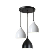 LIVARA 3-Head Round Base Pendant Light Three-Color Dimmable LED Hanging Lamp Modern Iron & Wood Design for Dining Room and Kitchen Island - White & Black