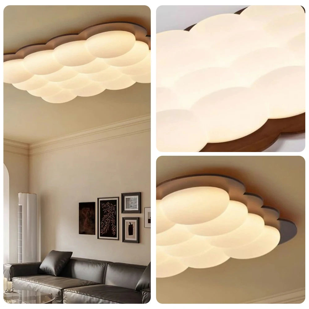 LIVARA 82W LED Ceiling Light Three-Color Dimmable Modern Cloud Design Solid Walnut Finish Wooden Frame for Living Room and Bedroom - 103cm