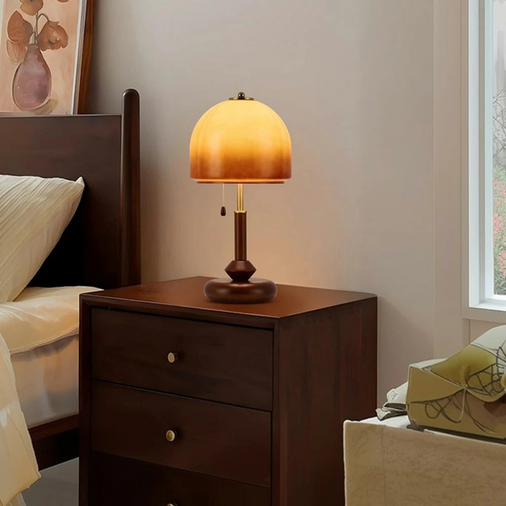 LIVARA 5W LED Table Lamp Three-Color Dimmable Solid Walnut & Brass Finish Modern Glass Shade Decorative Desk Light - 24cm