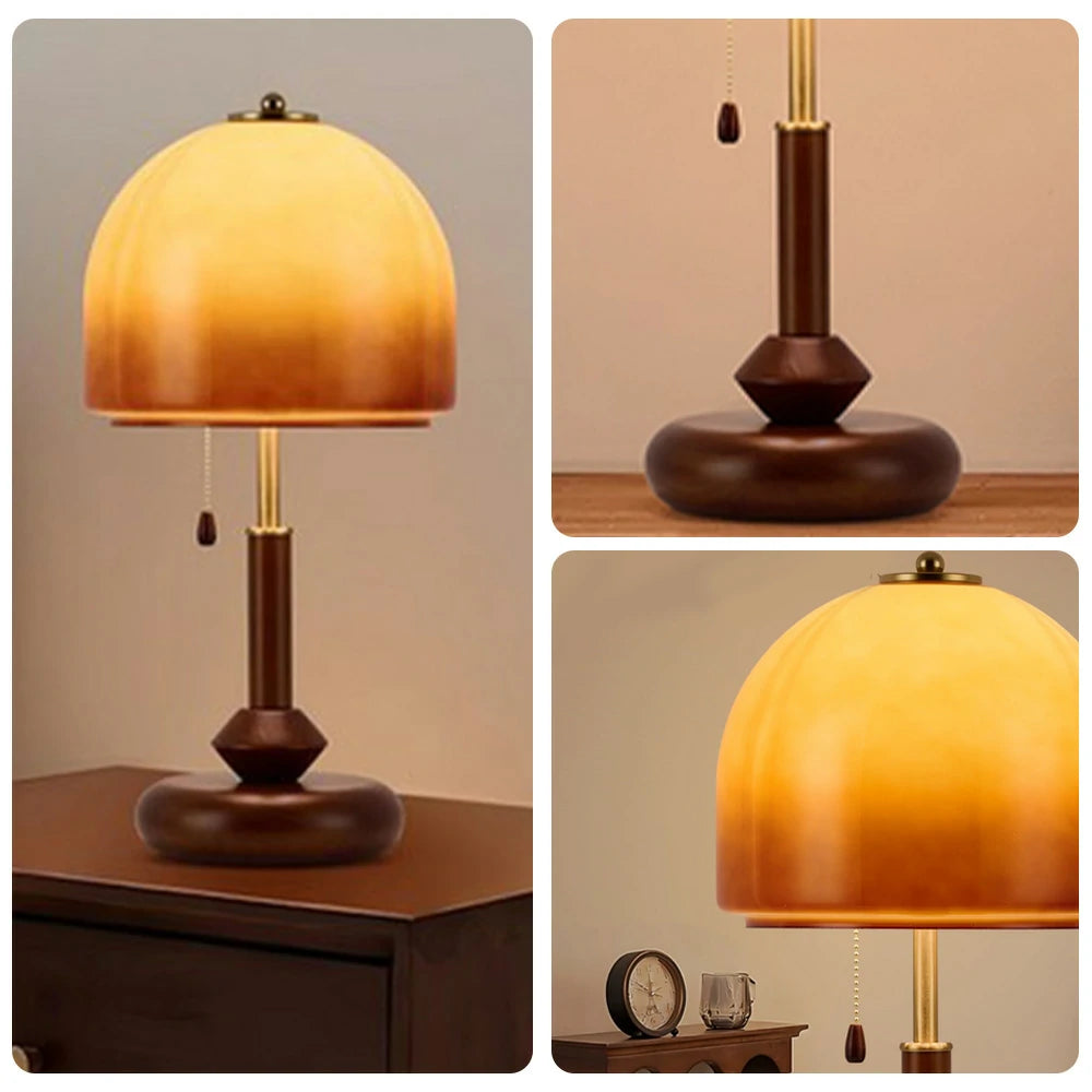 LIVARA 5W LED Table Lamp Three-Color Dimmable Solid Walnut & Brass Finish Modern Glass Shade Decorative Desk Light - 24cm