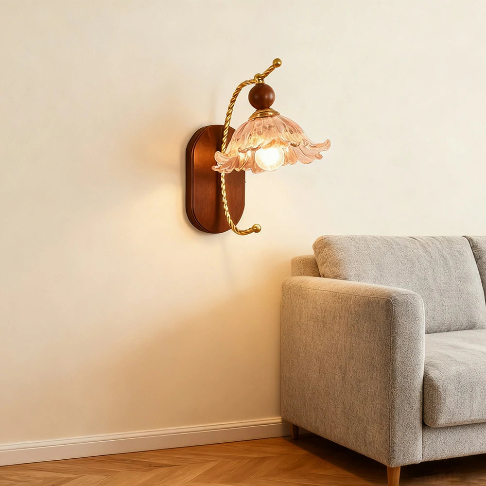 LIVARA 12W Amber Flower Glass Wall Lamp Three-Color Dimmable LED Eye-Protection Light with Solid Wood Base - Vintage Style