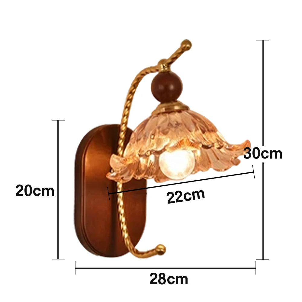 LIVARA 12W Amber Flower Glass Wall Lamp Three-Color Dimmable LED Eye-Protection Light with Solid Wood Base - Vintage Style