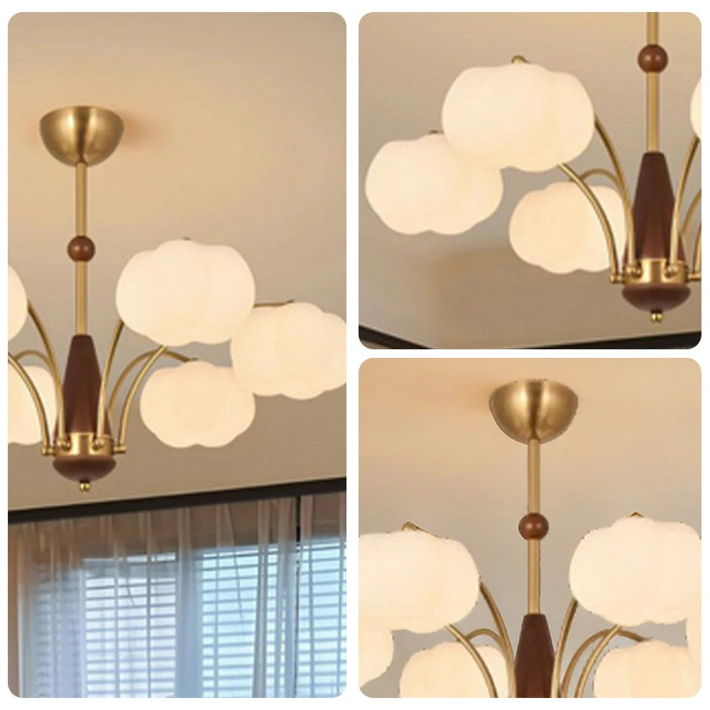 LIVARA 54W Cotton Cloud 6-Head LED Pendant Light Three-Color Dimmable Ceiling Lamp Modern Iron & Wood Design